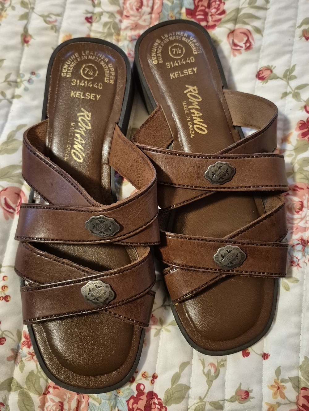 Romano Genuine Leather Womens size 7.5 Brown Kelsey Sandals Made In Brazil